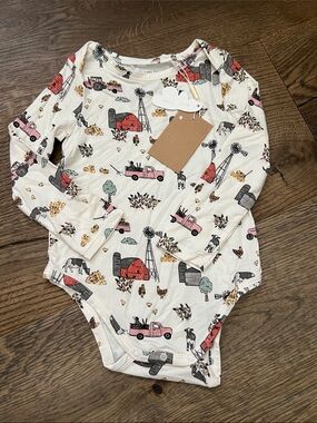 Angel Dear Cream Farm Print Long-Sleeve One-Piece with Pink Trucks